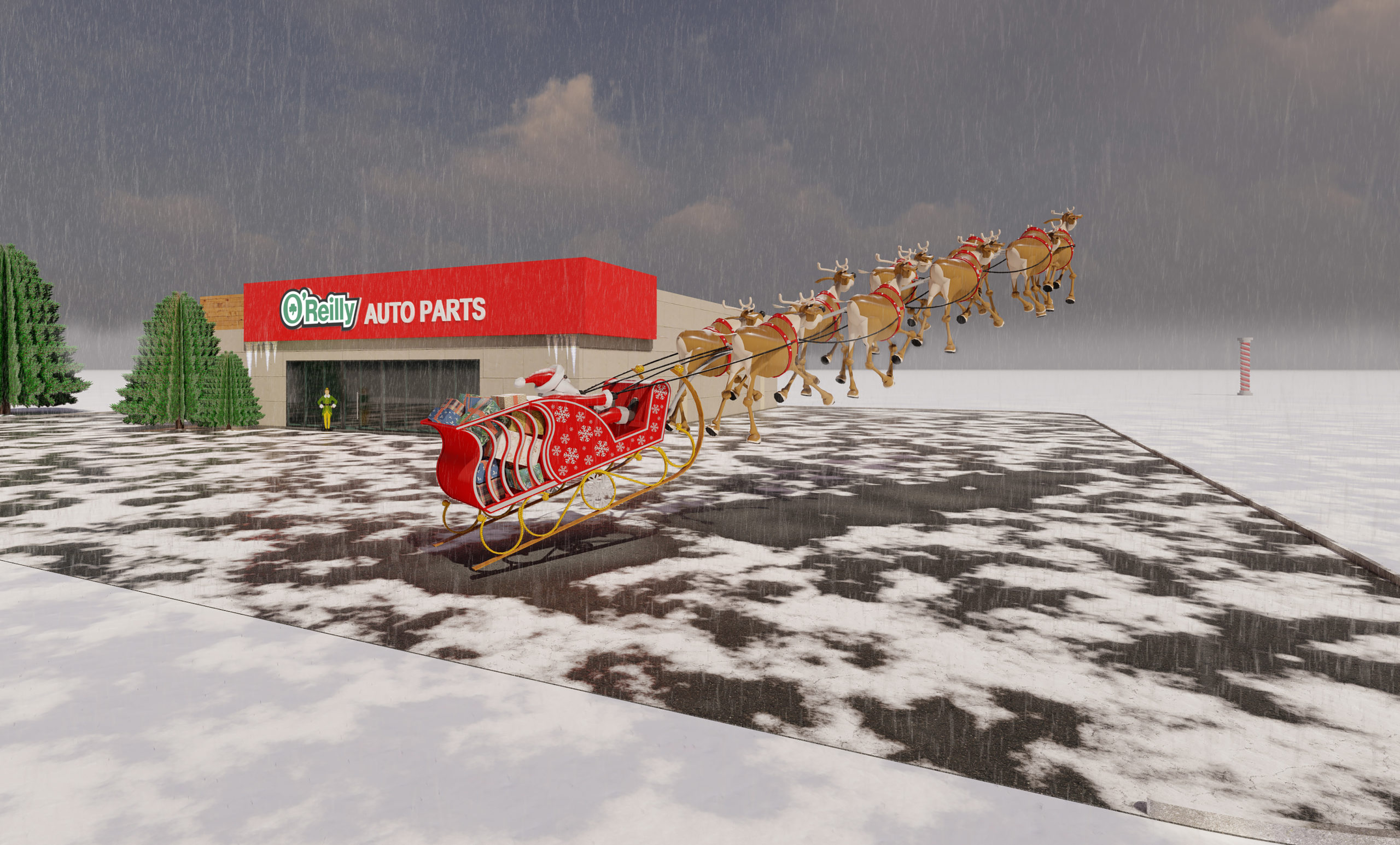 Winter Wonderland: Santa and his Reindeers in front of O'Reilly Auto Parts concept rendering